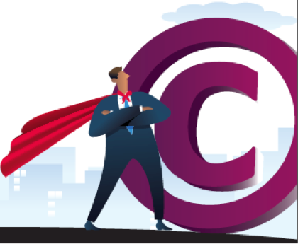 Copyright superhero standing next to copyright symbol