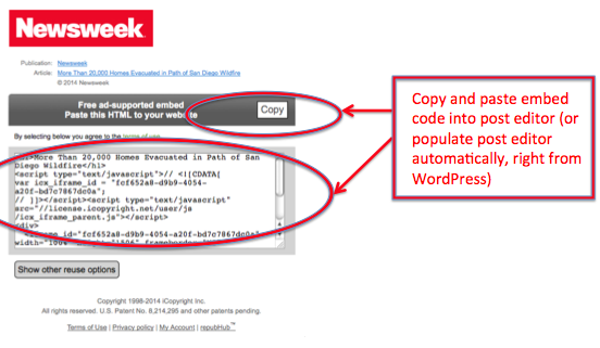 copy and paste embed code of article from third party source